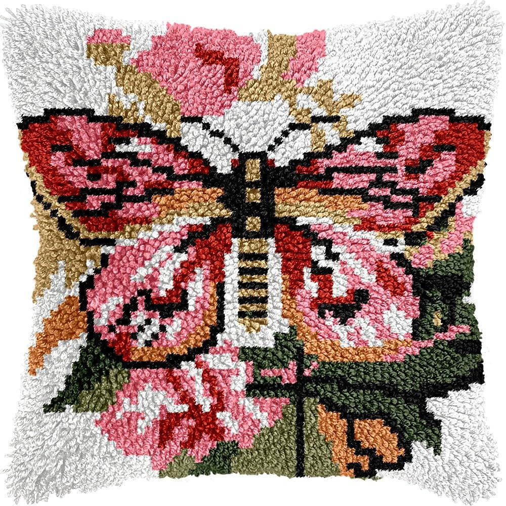 Latch Hook Pillow Kits Pillow Cover Pattern Red Butterfly Printed Canvas Cross Stich Hooking Pillowcase Cushion Crafts Embroidery Crochet Home Decor Kits 17x17 inch(B91)