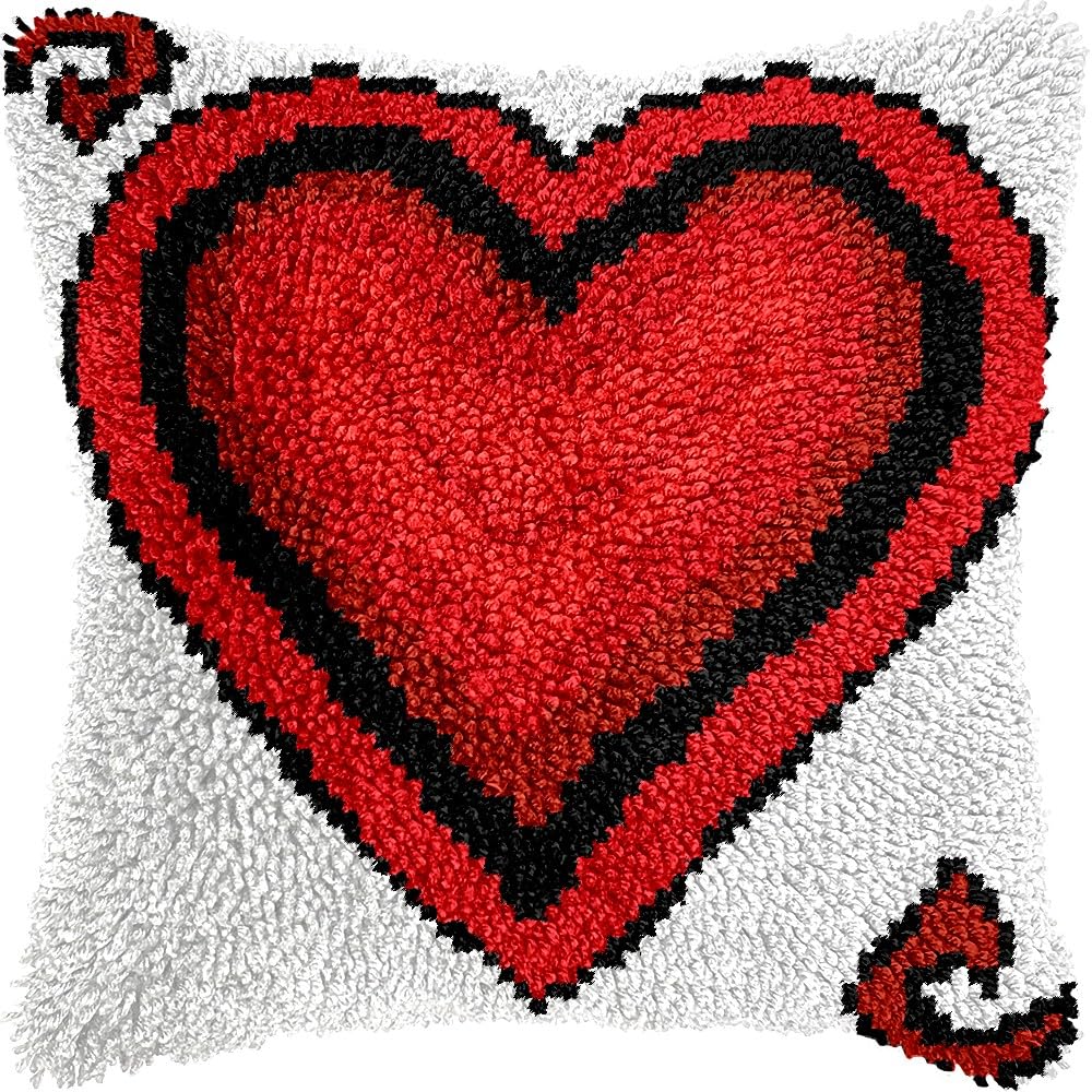 Latch Hook Pillow Kits Pillow Cover Pattern Red Heart Printed Canvas Cross Stich Hooking Pillowcase Cushion Crafts Embroidery Crochet Home Decor Kits 17x17 inch(B155)