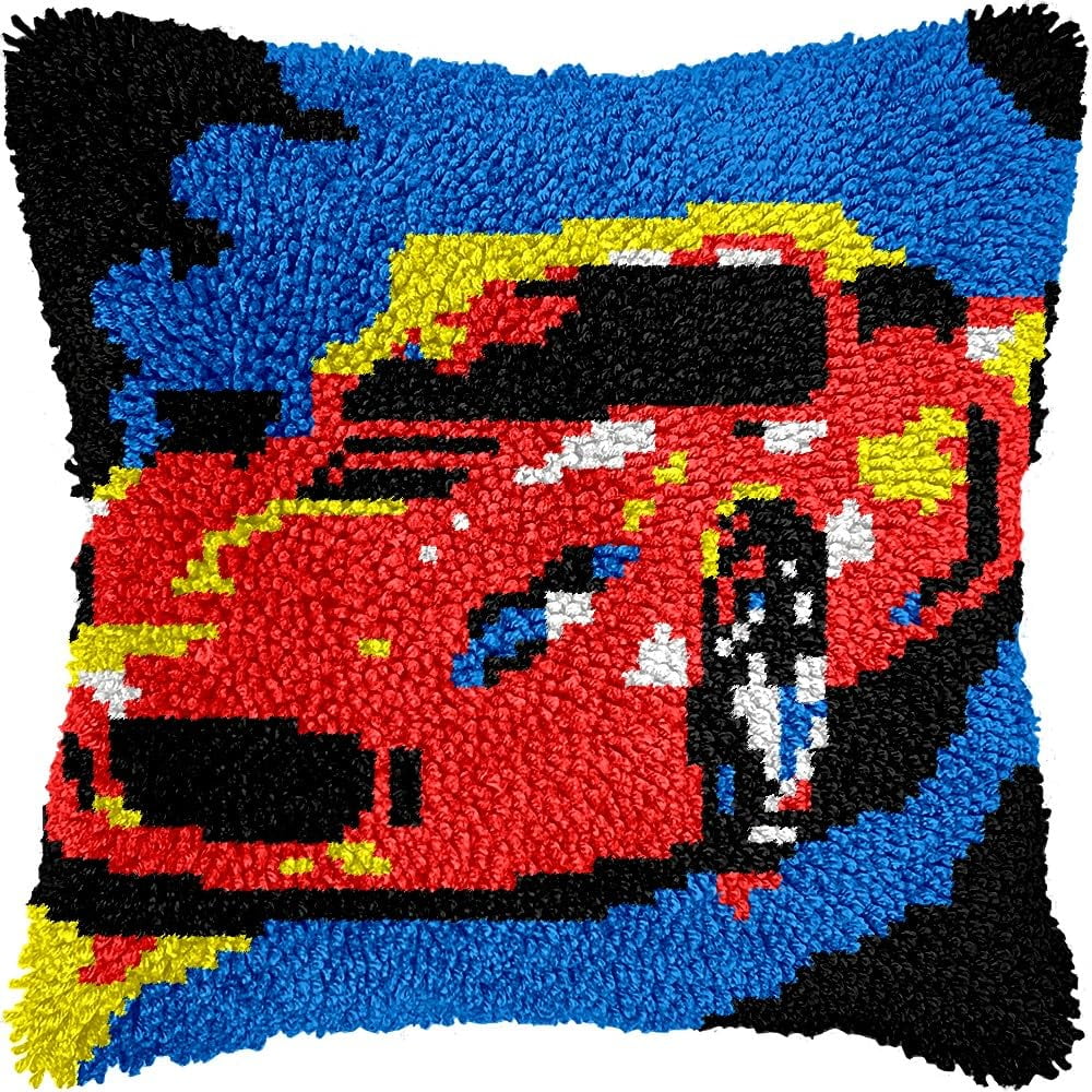 Latch Hook Pillow Kits Pillow Cover Pattern Red Sports Car Printed Canvas Cross Stich Hooking Pillowcase Cushion Crafts Embroidery Crochet Home Decor Kits 17x17 inch(B71)