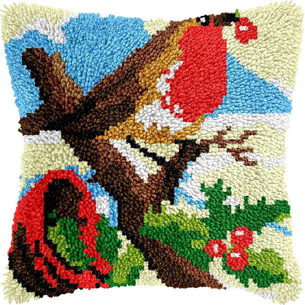 Latch Hook Pillow Kits Pillow Cover Pattern Robin Bird Printed Canvas Knitted Hooking Pillowcase Cushion Crafts Embroidery Crochet Home Decor Kits 17x17 inch(c190)