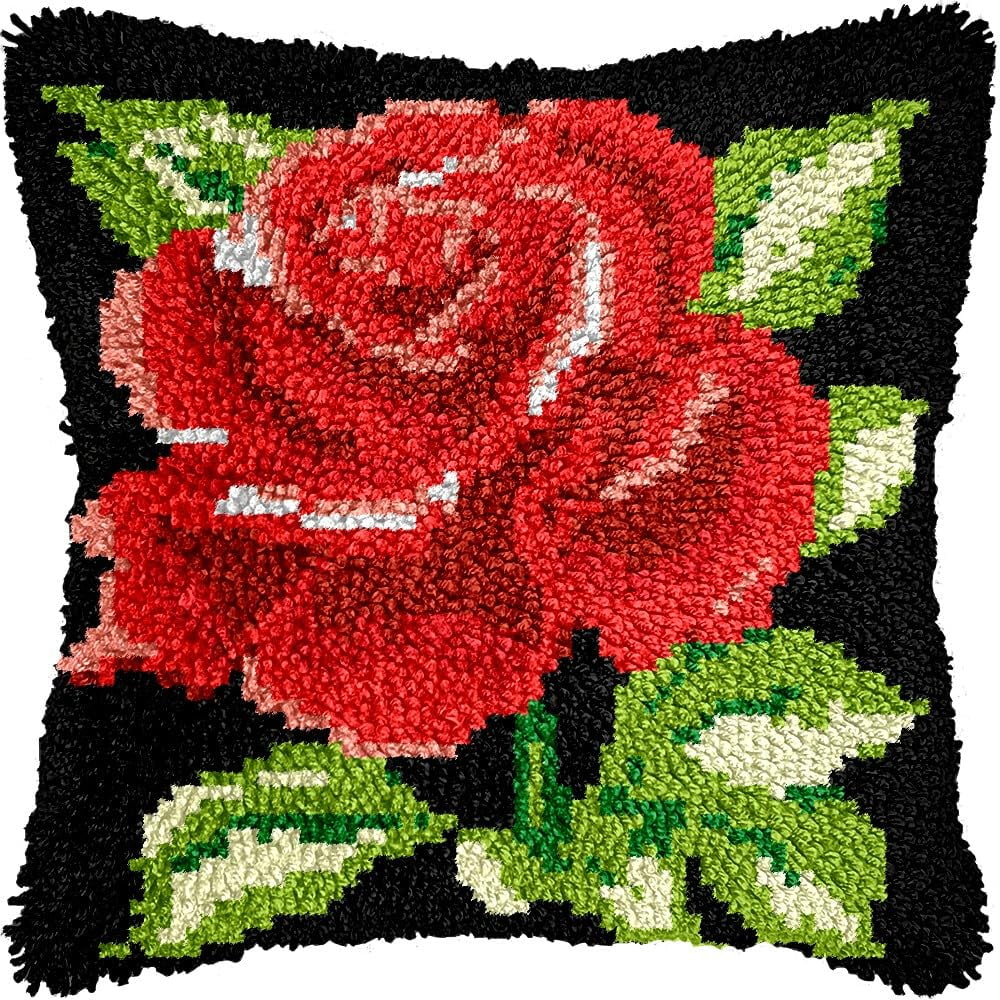 Latch Hook Pillow Kits Pillow Cover Pattern Rose Printed Canvas Knitted Hooking Pillowcase Cushion Crafts Embroidery Crochet Home Decor Kits 17x17 inch(c72)