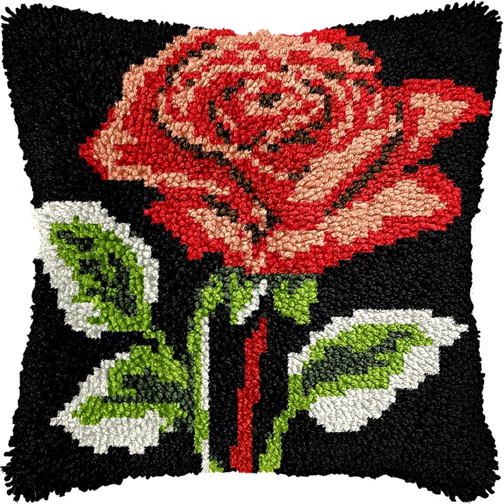 Latch Hook Pillow Kits Pillow Cover Pattern Rose Printed Canvas Knitted Hooking Pillowcase Cushion Crafts Embroidery Crochet Home Decor Kits 17x17 inch(c4)