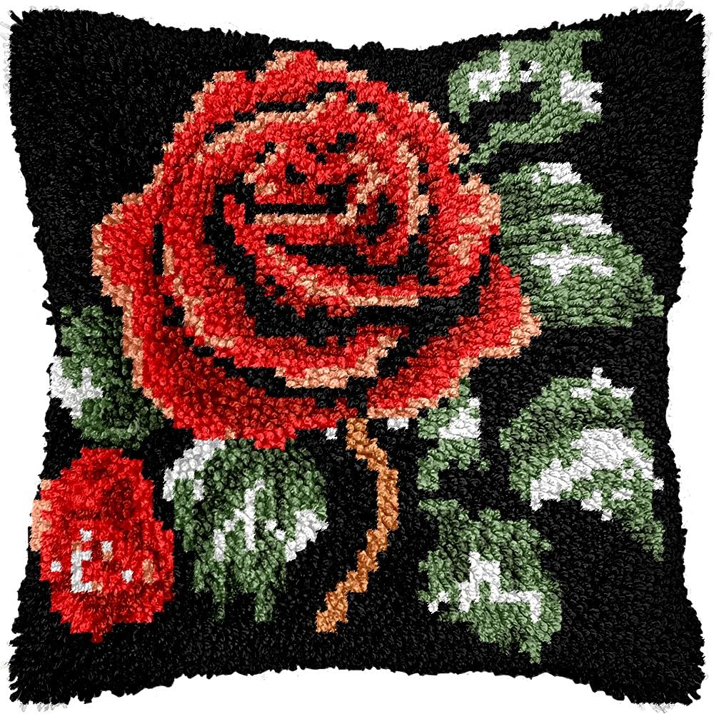 Latch Hook Pillow Kits Pillow Cover Pattern Rose Printed Canvas Knitted Hooking Pillowcase Cushion Crafts Embroidery Crochet Home Decor Kits 17x17 inch(c130)