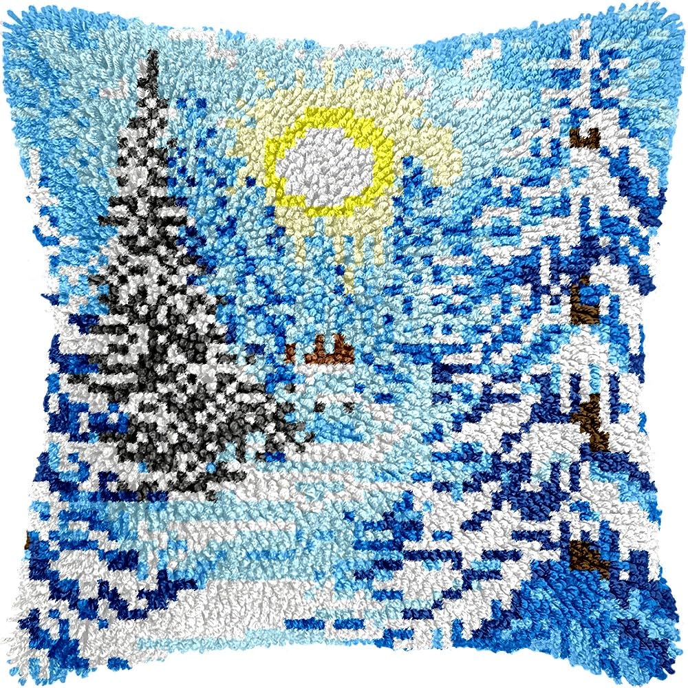 Latch Hook Pillow Kits Pillow Cover Pattern Scenery of Winter Printed Canvas Knitted Hooking Pillowcase Cushion Crafts Embroidery Crochet Home Decor Kits 17x17 inch(c22)