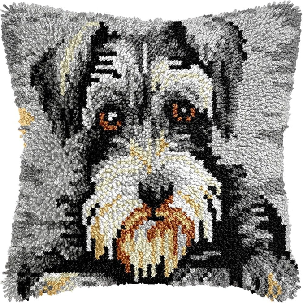 Latch Hook Pillow Kits Pillow Cover Pattern Schnauzer Printed Canvas Knitted Hooking Pillowcase Cushion Crafts Embroidery Crochet Home Decor Kits 17x17 inch(c20)