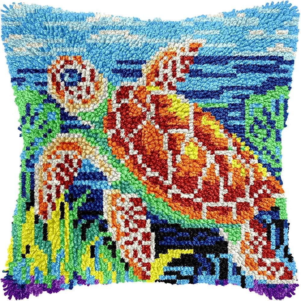 Latch Hook Pillow Kits Pillow Cover Pattern Sea Turtle Printed Canvas Knitted Hooking Pillowcase Cushion Crafts Embroidery Crochet Home Decor Kits 17x17 inch(c211)