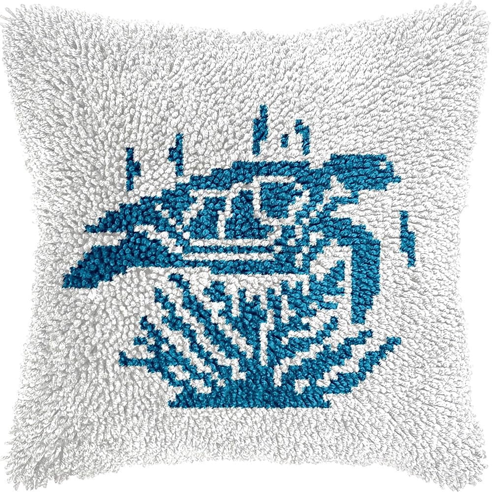 Latch Hook Pillow Kits Pillow Cover Pattern Sea Turtle in Sea Printed Canvas Cross Stich Hooking Pillowcase Cushion Crafts Embroidery Crochet Home Decor Kits 17x17 inch(B50)