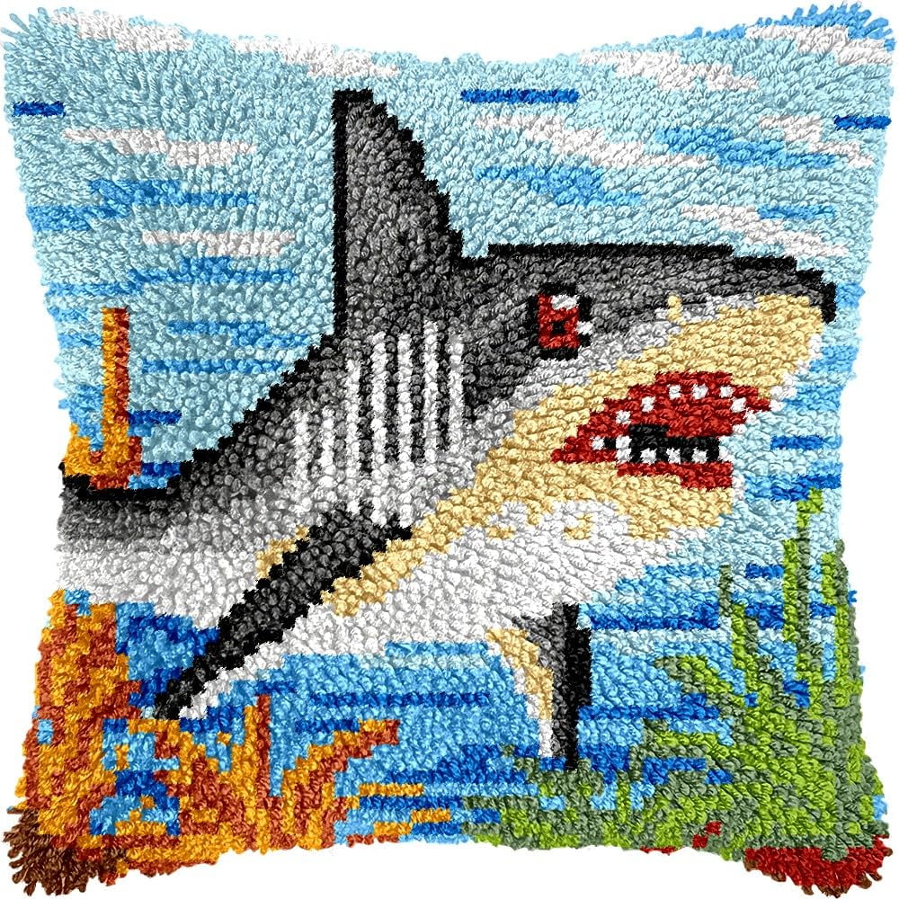 Latch Hook Pillow Kits Pillow Cover Pattern Shark Printed Canvas Knitted Hooking Pillowcase Cushion Crafts Embroidery Crochet Home Decor Kits 17x17 inch(c44)