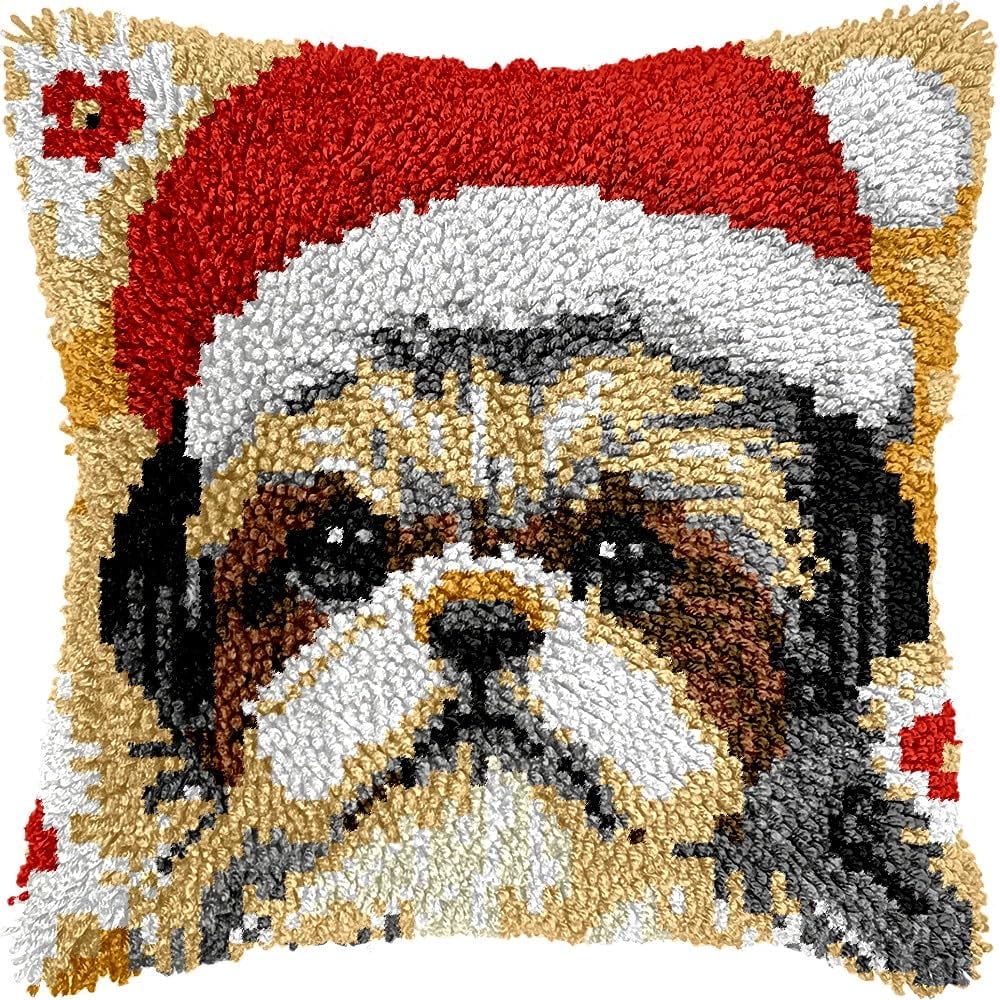 Latch Hook Pillow Kits Pillow Cover Pattern Shih Tzu Printed Canvas Knitted Hooking Pillowcase Cushion Crafts Embroidery Crochet Home Decor Kits 17x17 inch(c77)