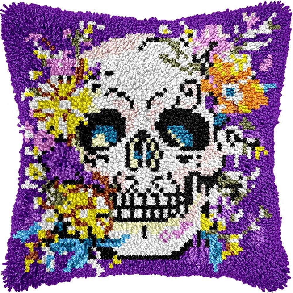 Latch Hook Pillow Kits Pillow Cover Pattern Skull & Flowers Printed Canvas Cross Stich Hooking Pillowcase Cushion Crafts Embroidery Crochet Home Decor Kits 17x17 inch(B59)