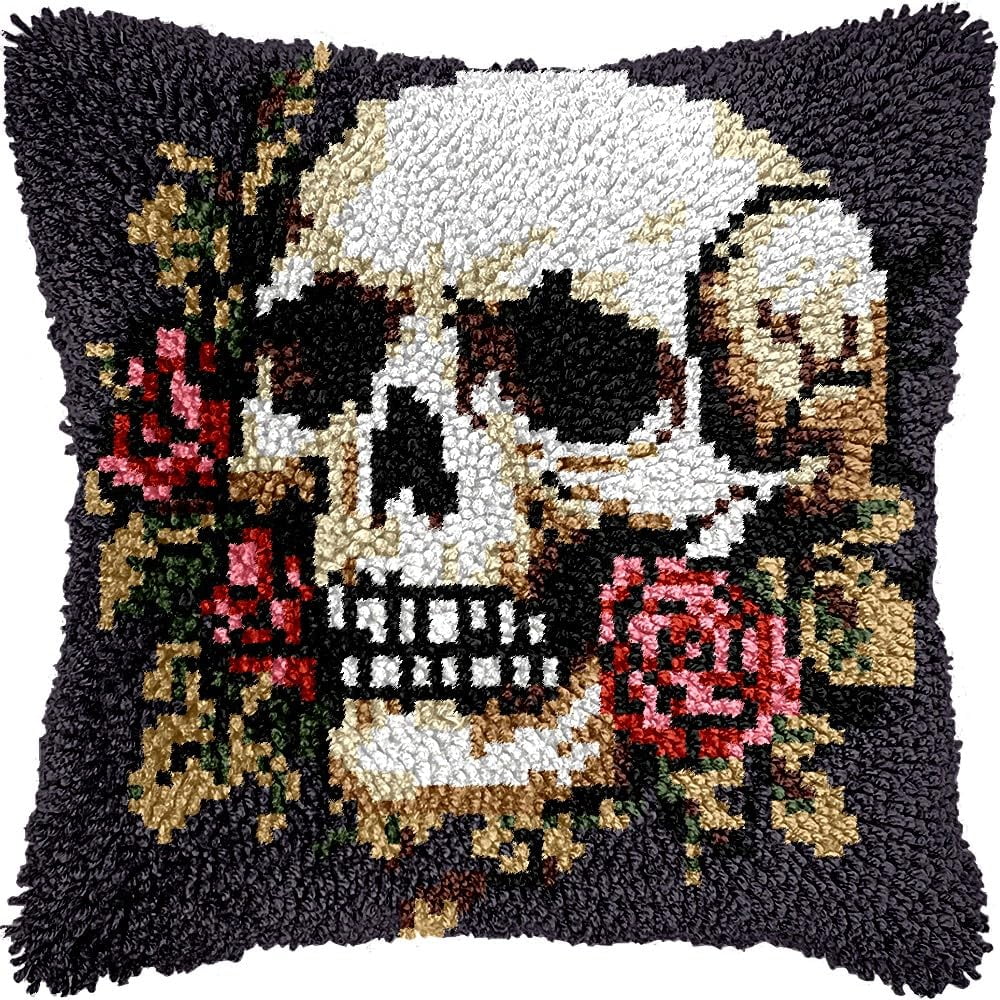 Latch Hook Pillow Kits Pillow Cover Pattern Skull & Flowers Printed Canvas Cross Stich Hooking Pillowcase Cushion Crafts Embroidery Crochet Home Decor Kits 17x17 inch(B110)
