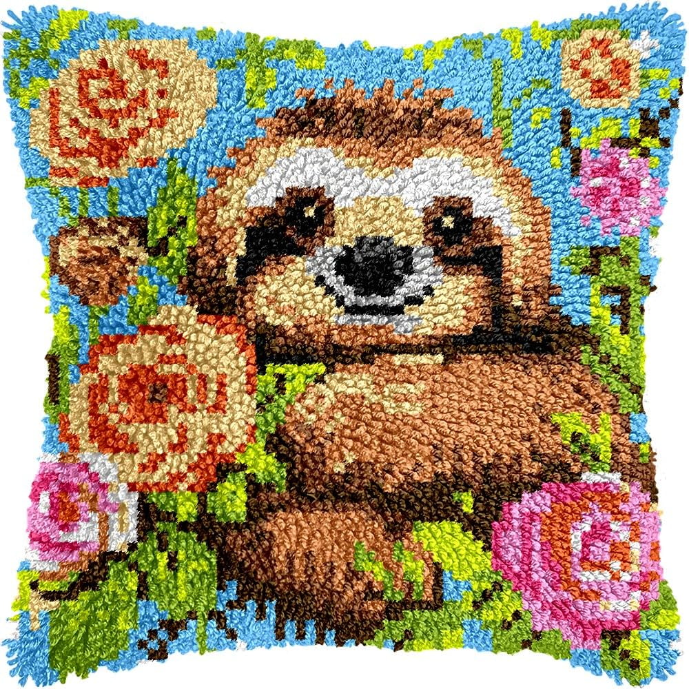 Latch Hook Pillow Kits Pillow Cover Pattern Sloth & Flowers Printed Canvas Knitted Hooking Pillowcase Cushion Crafts Embroidery Crochet Home Decor Kits 17x17 inch(c84)