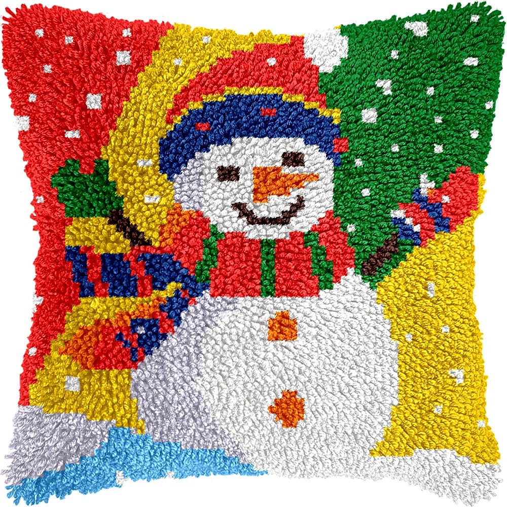Latch Hook Pillow Kits Pillow Cover Pattern Snowman Printed Canvas Cross Stich Hooking Pillowcase Cushion Crafts Embroidery Crochet Home Decor Kits 17x17 inch(B94)