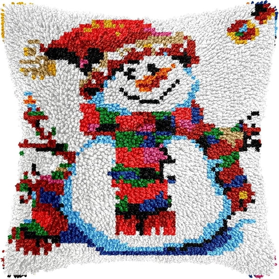 Latch Hook Pillow Kits Pillow Cover Pattern Snowman Printed Canvas Cross Stich Hooking Pillowcase Cushion Crafts Embroidery Crochet Home Decor Kits 17x17 inch(B34)