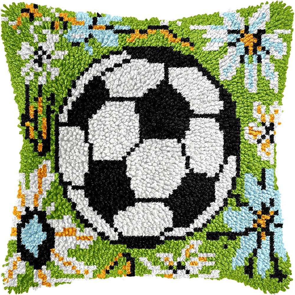 Latch Hook Pillow Kits Pillow Cover Pattern Soccer Ball & Flowers Printed Canvas Knitted Hooking Pillowcase Cushion Crafts Embroidery Crochet Home Decor Kits 17x17 inch(c126)