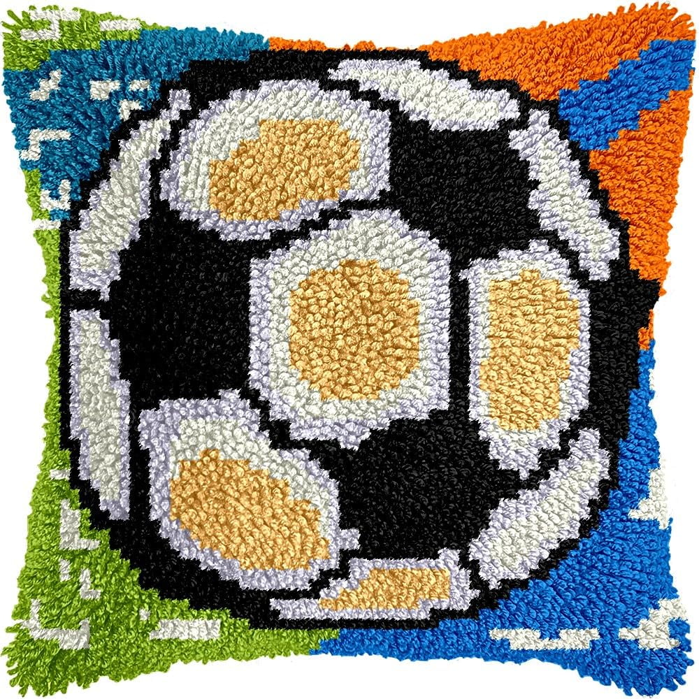 Latch Hook Pillow Kits Pillow Cover Pattern Soccer Ball Printed Canvas Cross Stich Hooking Pillowcase Cushion Crafts Embroidery Crochet Home Decor Kits 17x17 inch(B15)