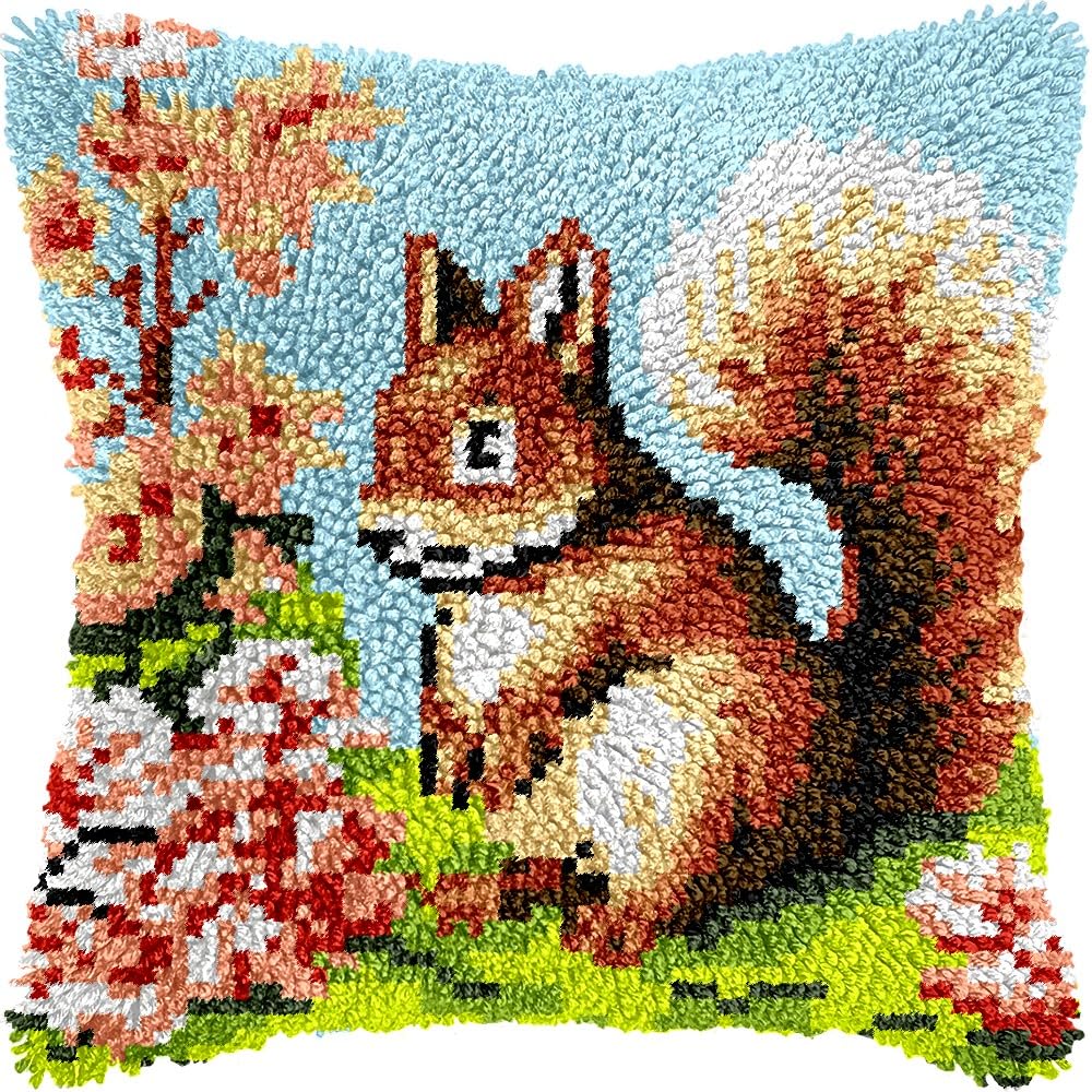 Latch Hook Pillow Kits Pillow Cover Pattern Squirrel & Flowers Printed Canvas Knitted Hooking Pillowcase Cushion Crafts Embroidery Crochet Home Decor Kits 17x17 inch(c23)