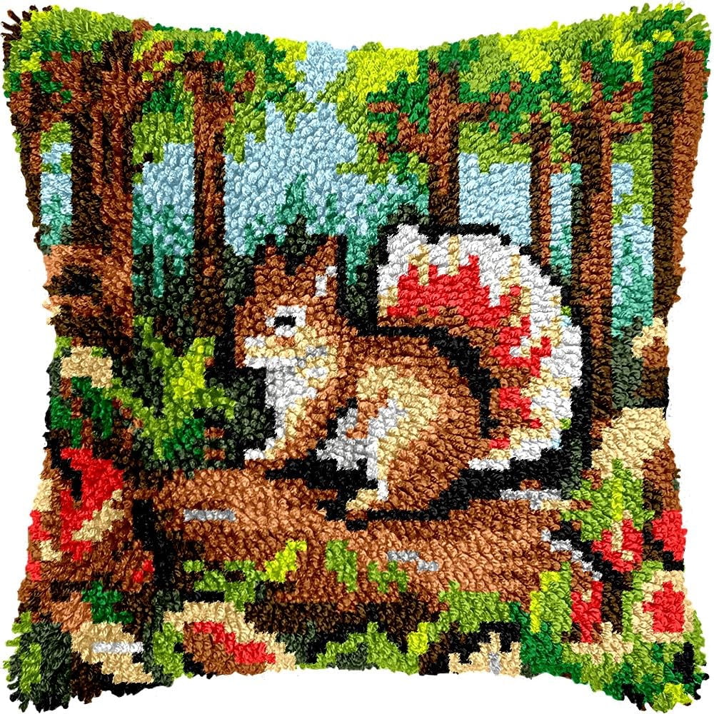 Latch Hook Pillow Kits Pillow Cover Pattern Squirrel Printed Canvas Knitted Hooking Pillowcase Cushion Crafts Embroidery Crochet Home Decor Kits 17x17 inch(c162)