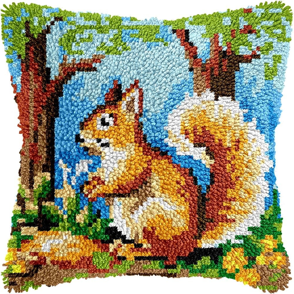 Latch Hook Pillow Kits Pillow Cover Pattern Squirrel Printed Canvas Knitted Hooking Pillowcase Cushion Crafts Embroidery Crochet Home Decor Kits 17x17 inch(c187)