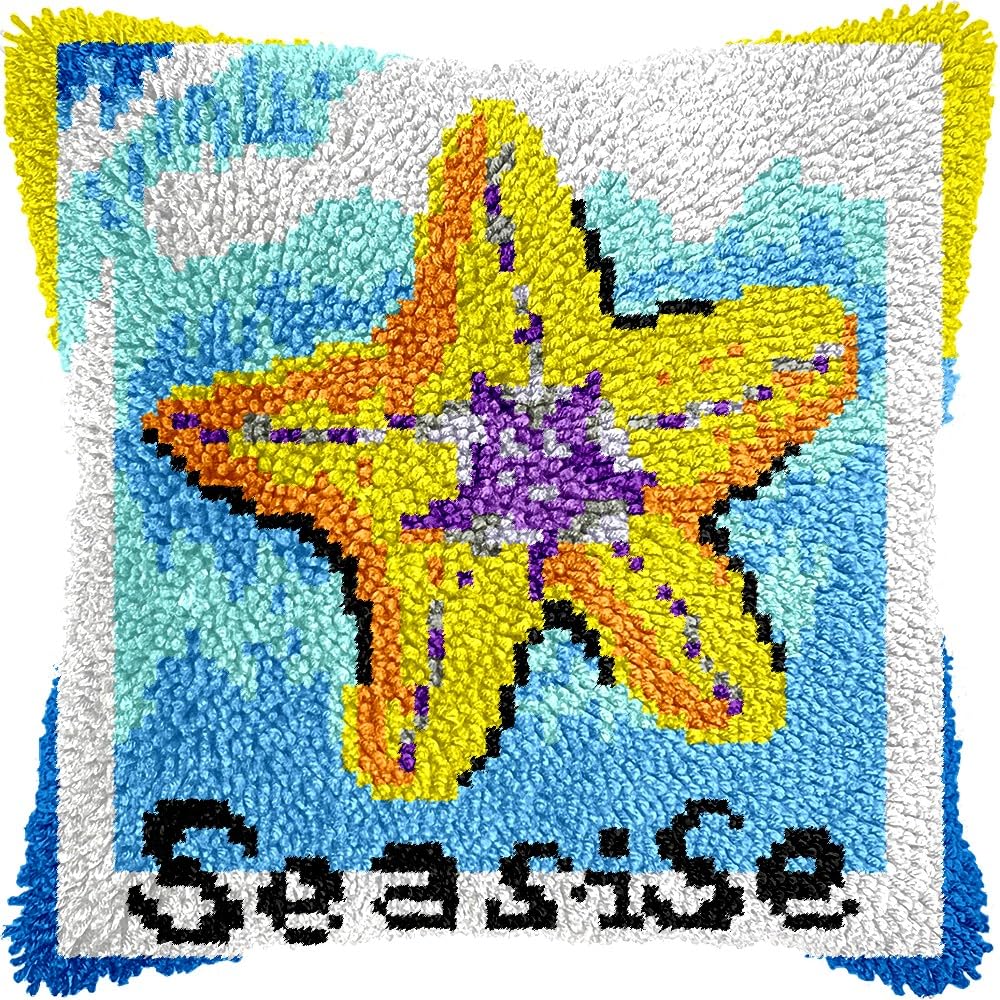 Latch Hook Pillow Kits Pillow Cover Pattern Starfish Printed Canvas Cross Stich Hooking Pillowcase Cushion Crafts Embroidery Crochet Home Decor Kits 17x17 inch(B58)