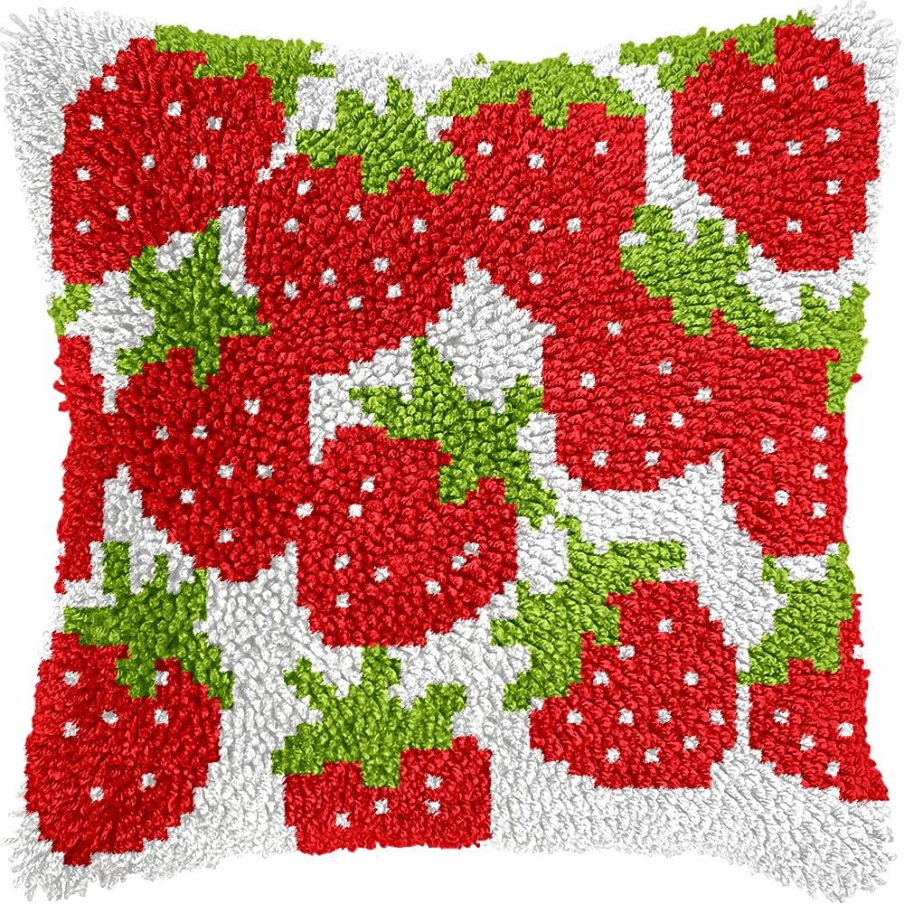 Latch Hook Pillow Kits Pillow Cover Pattern Strawberry Printed Canvas Knitted Hooking Pillowcase Cushion Crafts Embroidery Crochet Home Decor Kits 17x17 inch(c118)