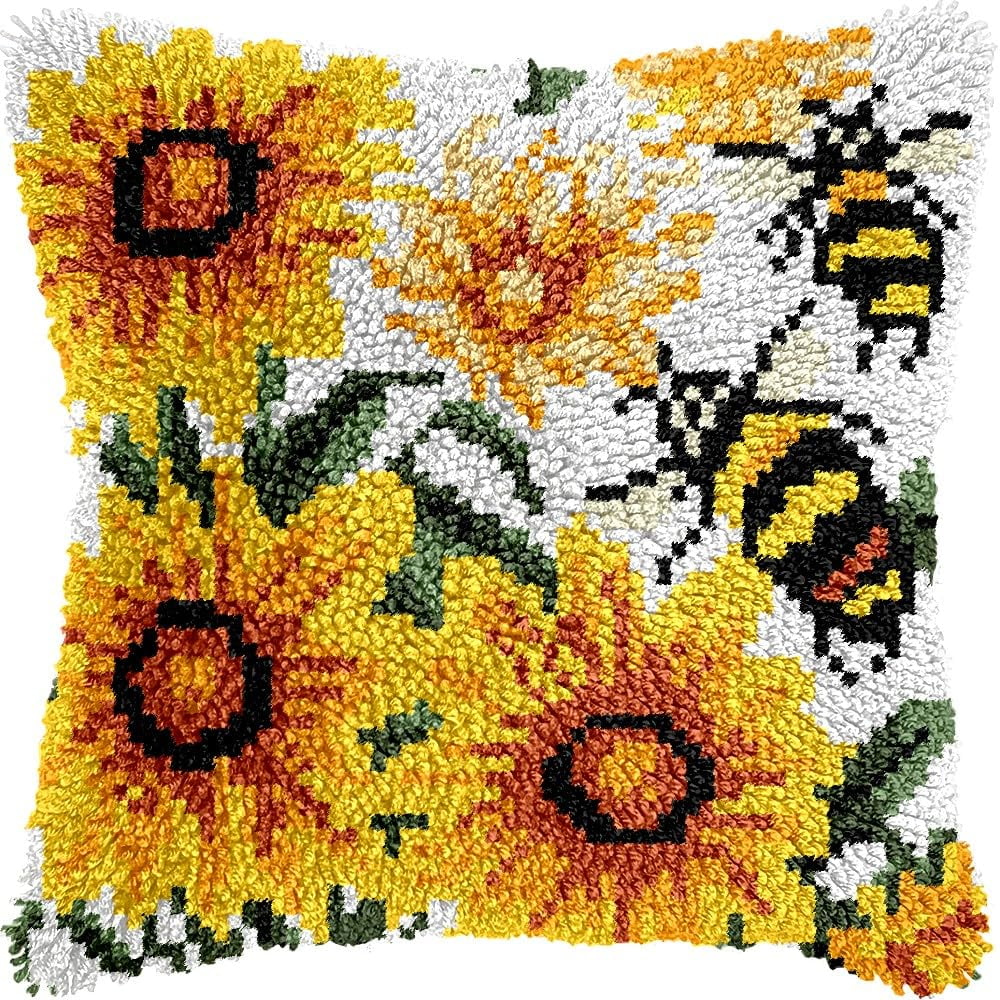 Latch Hook Pillow Kits Pillow Cover Pattern Sunflowers & Bee Printed Canvas Knitted Hooking Pillowcase Cushion Crafts Embroidery Crochet Home Decor Kits 17x17 inch(c14)