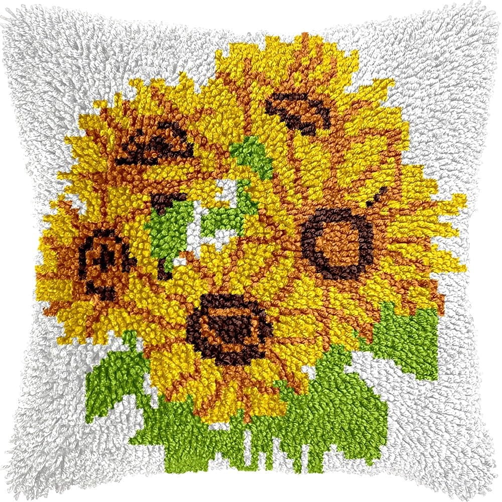Latch Hook Pillow Kits Pillow Cover Pattern Sunflowers Printed Canvas Cross Stich Hooking Pillowcase Cushion Crafts Embroidery Crochet Home Decor Kits 17x17 inch(B127)