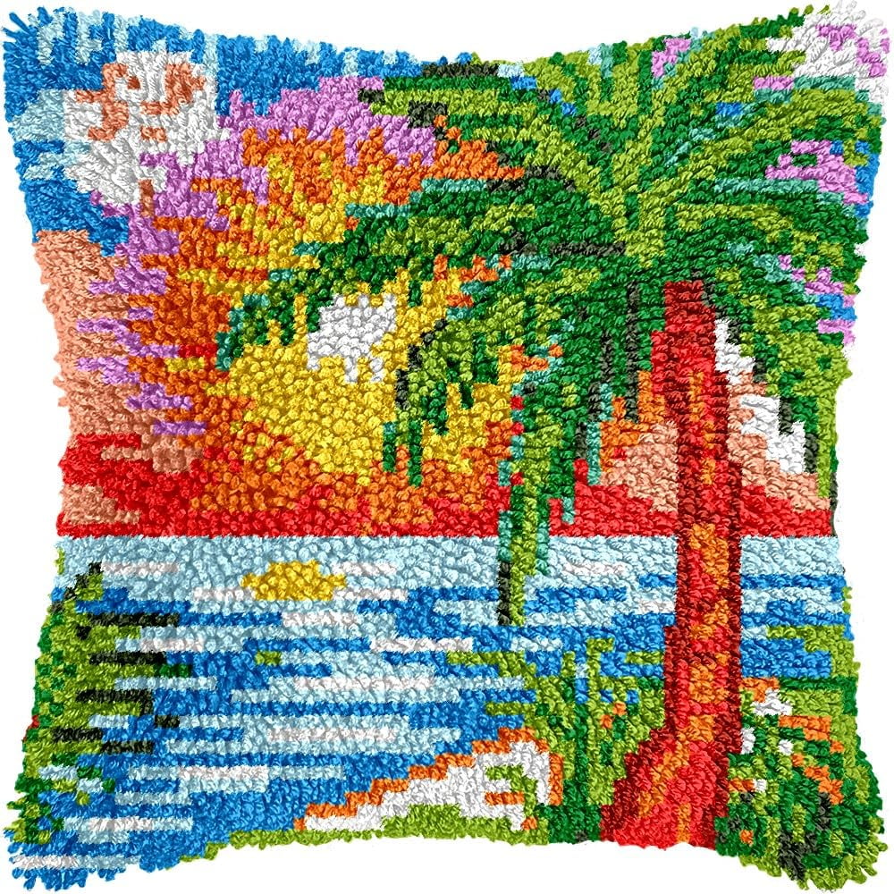 Latch Hook Pillow Kits Pillow Cover Pattern Sunset Scenery Printed Canvas Knitted Hooking Pillowcase Cushion Crafts Embroidery Crochet Home Decor Kits 17x17 inch(c121)