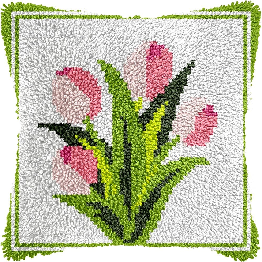 Latch Hook Pillow Kits Pillow Cover Pattern Tulips Printed Canvas Cross Stich Hooking Pillowcase Cushion Crafts Embroidery Crochet Home Decor Kits 17x17 inch(B115)