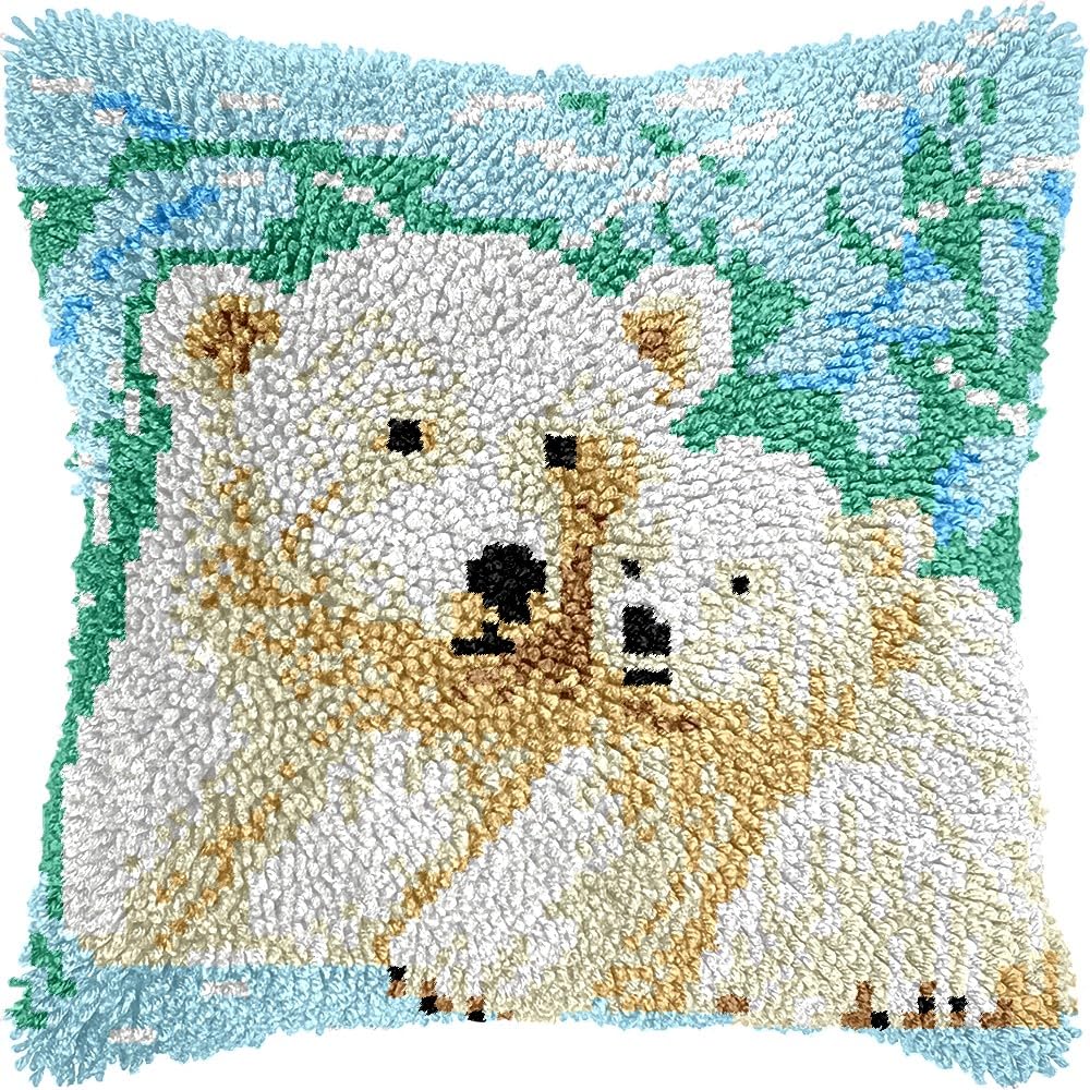 Latch Hook Pillow Kits Pillow Cover Pattern White Polar Bears Printed Canvas Knitted Hooking Pillowcase Cushion Crafts Embroidery Crochet Home Decor Kits 17x17 inch(c10)