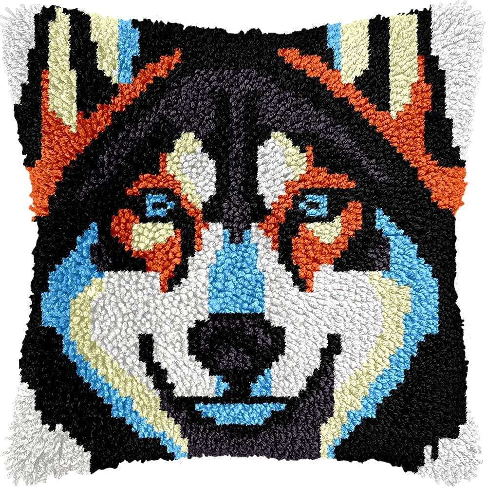 Latch Hook Pillow Kits Pillow Cover Pattern Wolf Printed Canvas Cross Stich Hooking Pillowcase Cushion Crafts Embroidery Crochet Home Decor Kits 17x17 inch(B74)
