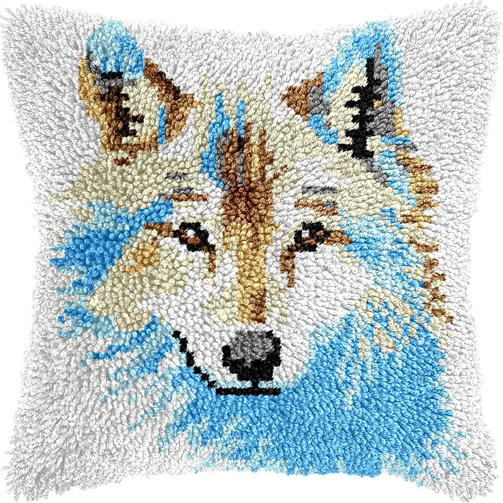 Latch Hook Pillow Kits Pillow Cover Pattern Wolf Printed Canvas Knitted Hooking Pillowcase Cushion Crafts Embroidery Crochet Home Decor Kits 17x17 inch(c139)