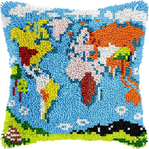 Latch Hook Pillow Kits Pillow Cover Pattern World Map PrintedCanvas Cross Stich Hooking Pillowcase Cushion Crafts Embroidery Crochet Home Decor Kits 17x17 inch(B146)