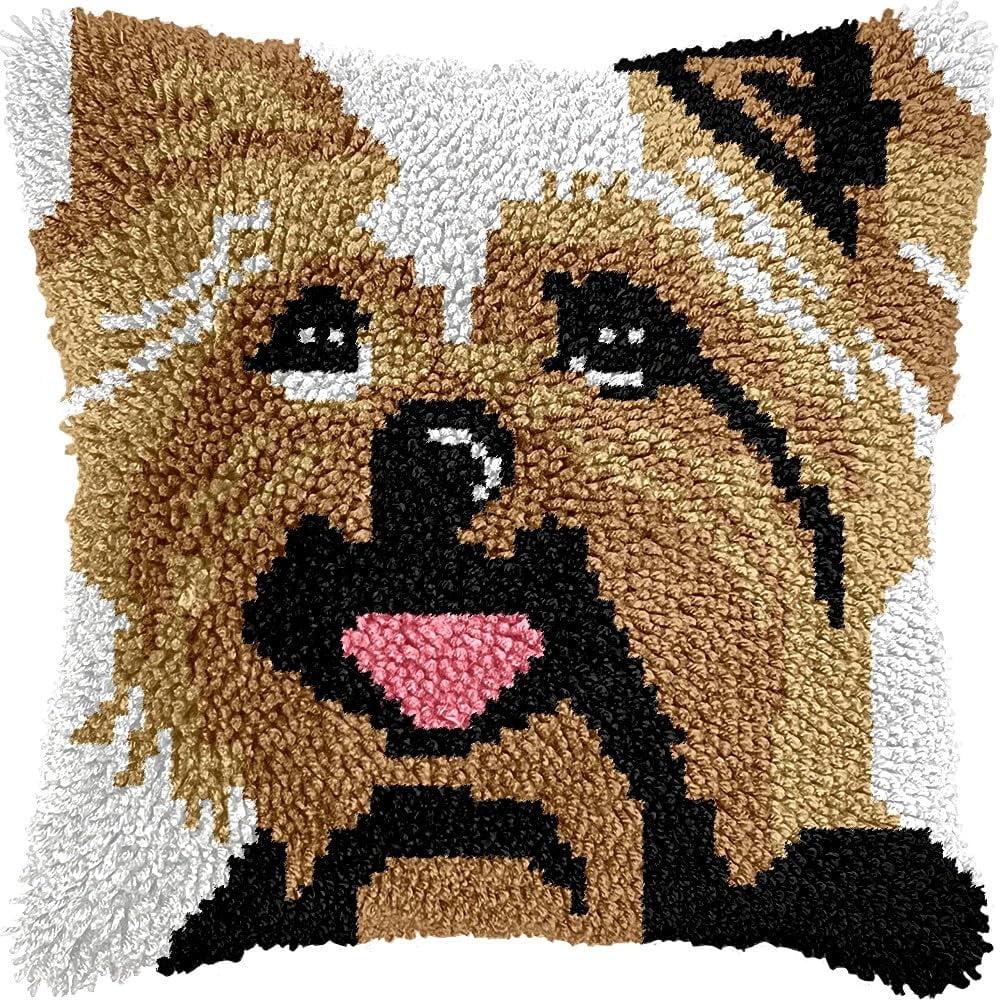 Latch Hook Pillow Kits Pillow Cover Pattern Yorkshire Terrier Printed Canvas Cross Stich Hooking Pillowcase Cushion Crafts Embroidery Crochet Home Decor Kits 17x17 inch(B43)
