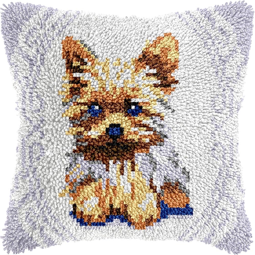 Latch Hook Pillow Kits Pillow Cover Pattern Yorkshire Terrier Printed Canvas Knitted Hooking Pillowcase Cushion Crafts Embroidery Crochet Home Decor Kits 17x17 inch(c140)