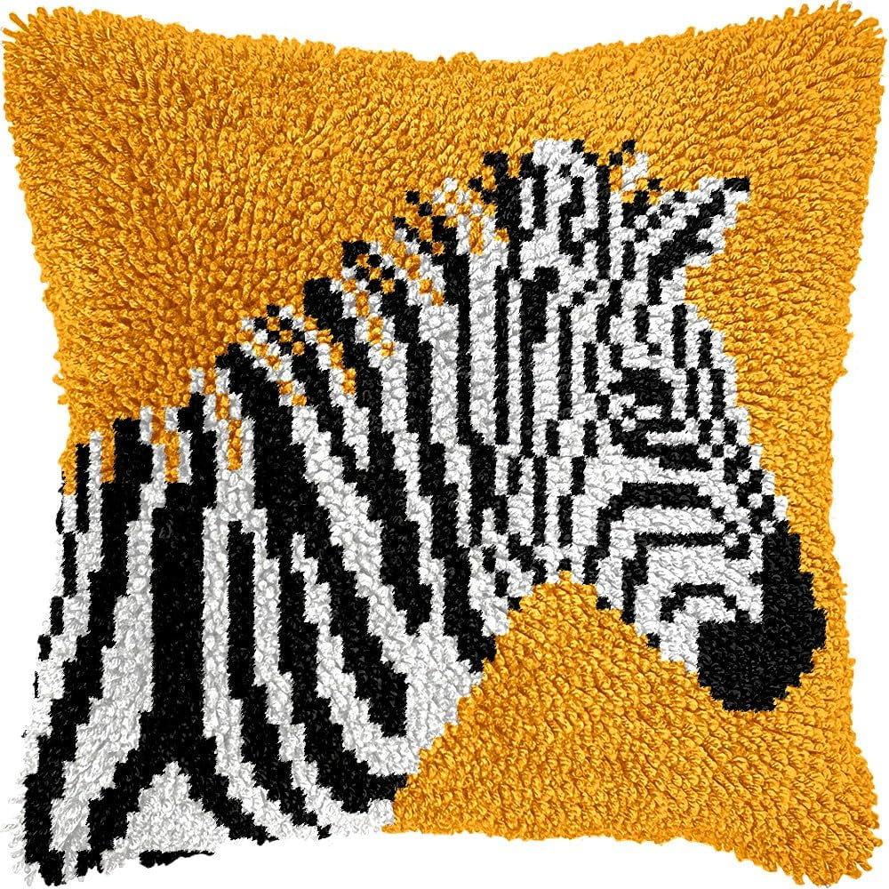 Latch Hook Pillow Kits Pillow Cover Pattern Zebra Horse Printed Canvas Knitted Hooking Pillowcase Cushion Crafts Embroidery Crochet Home Decor Kits 17x17 inch(c60)