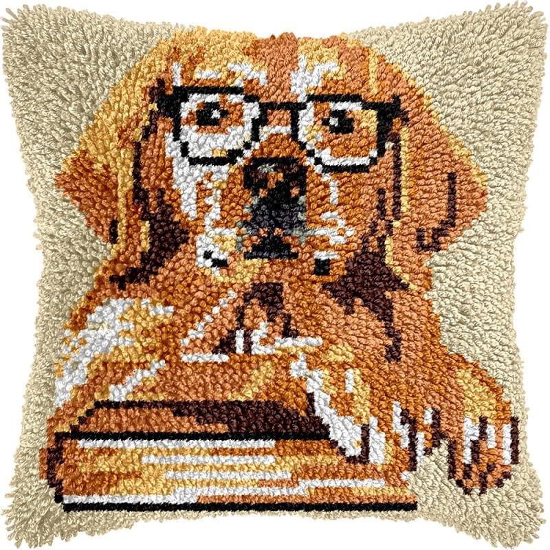 Latch Hook Pillow Kits Pillow Cover Reading Golden Retriever Pattern Printed Canvas Crochet Cross Stich Hooking Pillowcase Cushion Crafts Embroidery Crochet Home Decor Kits 17x17 inch(50)