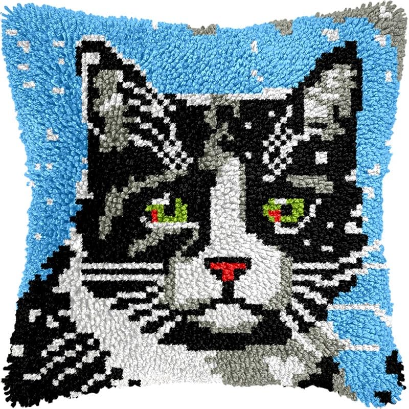 Latch Hook Pillow Kits Pillow Cover Snow Winter Cat Pattern Printed Canvas Crochet Cross Stich Hooking Pillowcase Cushion Crafts Embroidery Crochet Home Decor Kits 17x17 inch(56)