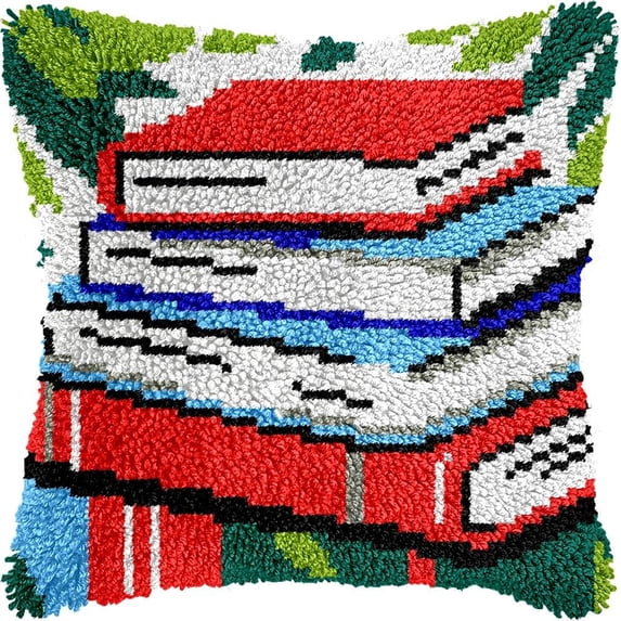 Latch Hook Pillow Kits Pillow Cover Stack of Books Pattern Printed Canvas Latch Hooking Pillowcase Cushion With Zipper Crafts Crochet Home Decor Gift 17x17 inch(g91)