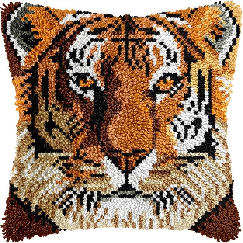 Latch Hook Pillow Kits Pillow Cover Tiger Pattern Printed Canvas Crochet Cross Stich Hooking Pillowcase Cushion Crafts Embroidery Crochet Home Decor Kits 17x17 inch(12)