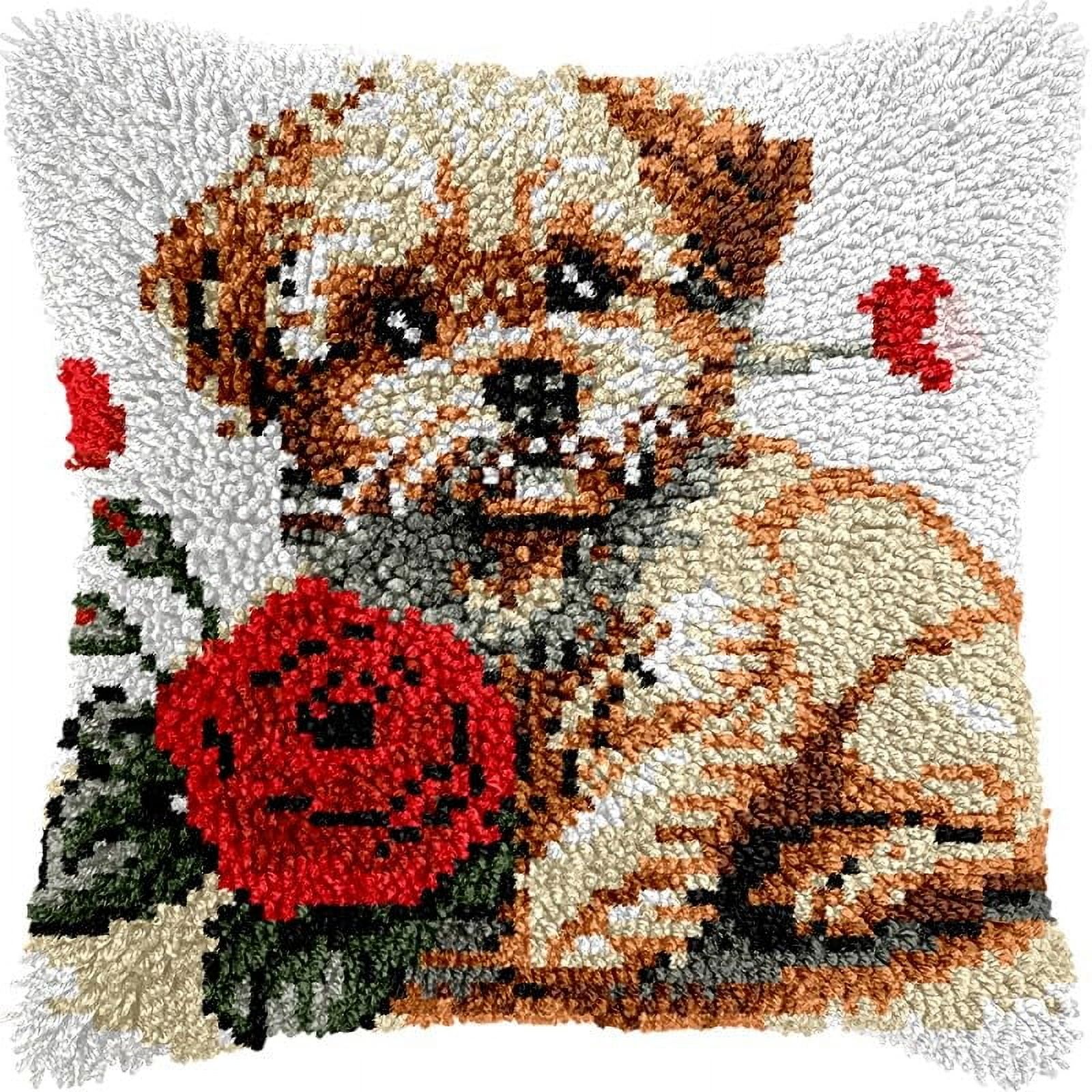 Latch Hook Pillow Kits Pillow Cover Yorkshire & Rose Pattern Printed Canvas Crochet Cross Stich Hooking Pillowcase Cushion Crafts Embroidery Crochet Home Decor Kits 17x17 inch(21)