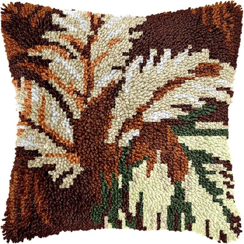 Latch Hook Pillow Kits Pine Tree Branch DIY Pillowcase Crochet Hook Cushion Making Kits with Preprinted Pattern Canvas Instruction Yarns Pillow Cover Easy Starter Kits 43x43cm（J224)