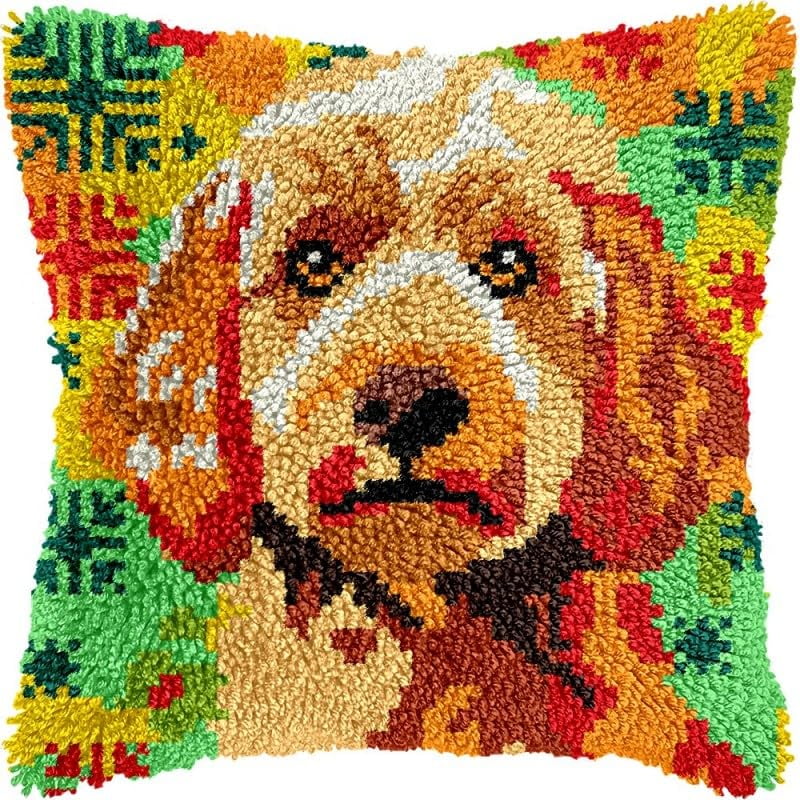 Latch Hook Pillow Kits Poodle Dog DIY Pillowcase Crochet Hook Cushion Making Kits with Preprinted Pattern Canvas Instruction Yarns Pillow Cover Easy Starter Kits 43x43cm（J336)