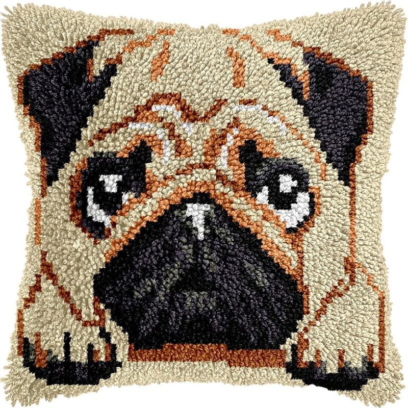 Latch Hook Pillow Kits Pug Dog DIY Pillowcase Crochet Hook Cushion Making Kits with Preprinted Pattern Canvas Instruction Yarns Pillow Cover Easy Starter Kits 43x43cm（J9)