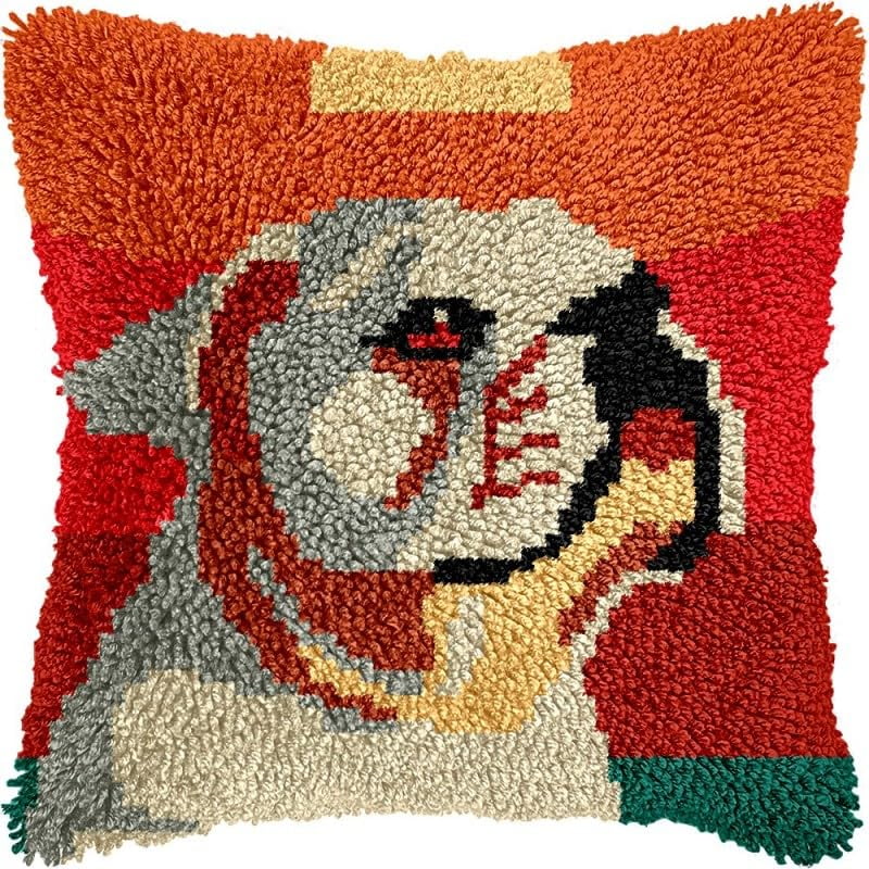 Latch Hook Pillow Kits Pug Dog DIY Pillowcase Crochet Hook Cushion Making Kits with Preprinted Pattern Canvas Instruction Yarns Pillow Cover Easy Starter Kits 43x43cm（J83)