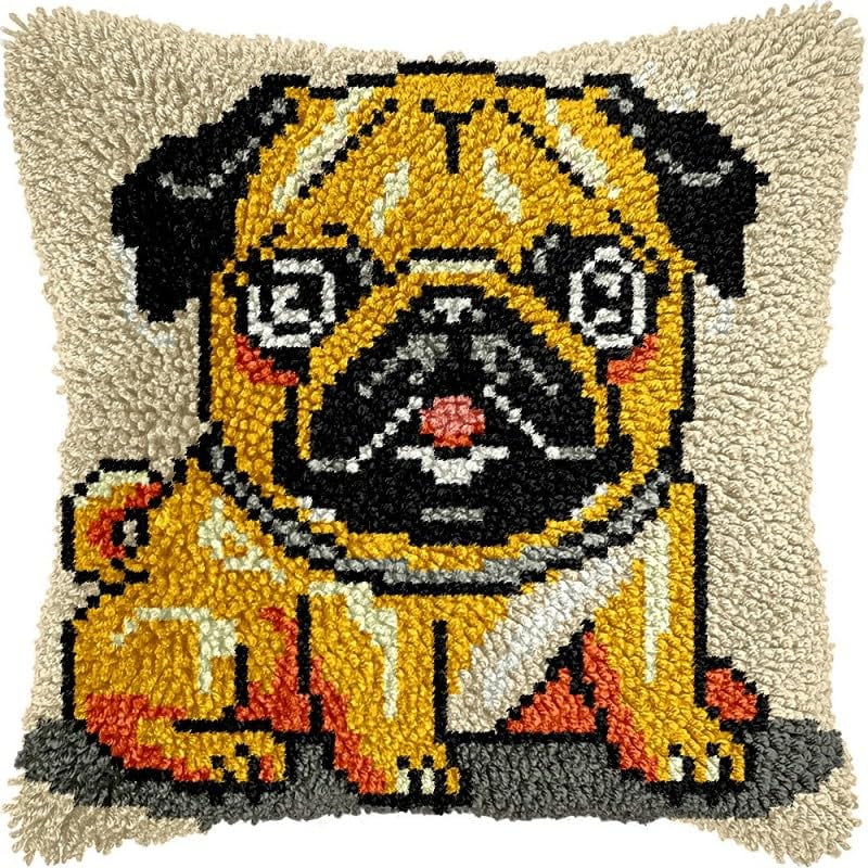 Latch Hook Pillow Kits Pug Dog DIY Pillowcase Crochet Hook Cushion Making Kits with Preprinted Pattern Canvas Instruction Yarns Pillow Cover Easy Starter Kits 43x43cm（J216)