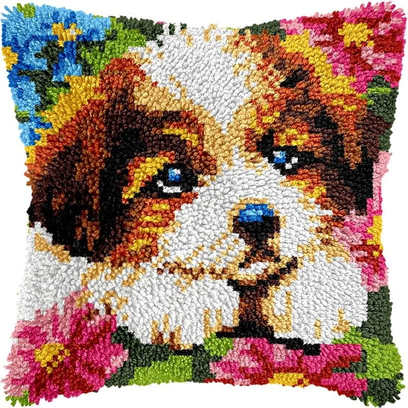 Latch Hook Pillow Kits Puppy Dog DIY Pillowcase Crochet Hook Cushion Making Kits with Preprinted Pattern Canvas Instruction Yarns Pillow Cover Easy Starter Kits 43x43cm（J341)