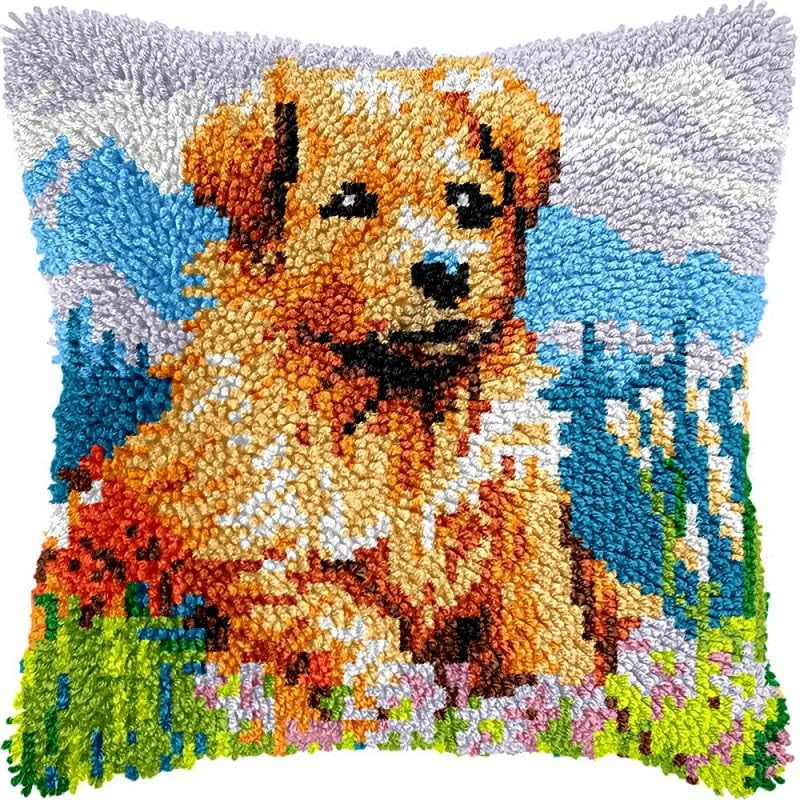 Latch Hook Pillow Kits Puppy Dog DIY Pillowcase Crochet Hook Cushion Making Kits with Preprinted Pattern Canvas Instruction Yarns Pillow Cover Easy Starter Kits 43x43cm（J306)