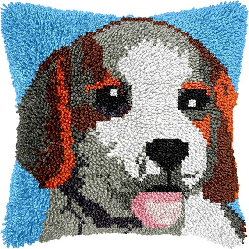 Latch Hook Pillow Kits Puppy Dog DIY Pillowcase Crochet Hook Cushion Making Kits with Preprinted Pattern Canvas Instruction Yarns Pillow Cover Easy Starter Kits 43x43cm（J209)