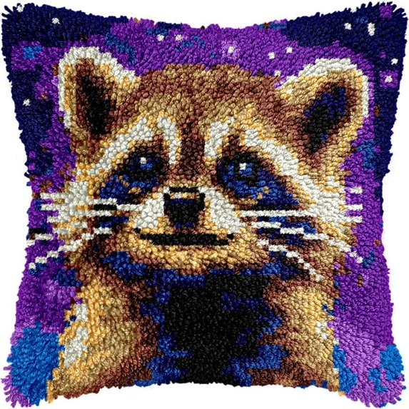 Latch Hook Pillow Kits Raccoon DIY Pillowcase Crochet Hook Cushion Making Kits with Preprinted Pattern Canvas Instruction Yarns Pillow Cover Easy Starter Kits 43x43cm(J230)